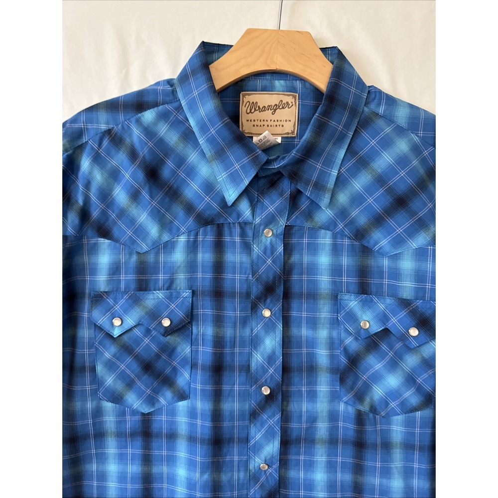 Wrangler Western Pearl Snap Blue Plaid Short Sleeve Shirt 3XL Saw Tooth NWOT